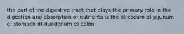 the part of the digestive tract that plays the primary role in the digestion and absorption of nutrients is the a) cecum b) jejunum c) stomach d) duodenum e) colon