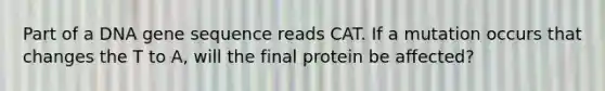 Part of a DNA gene sequence reads CAT. If a mutation occurs that changes the T to A, will the final protein be affected?