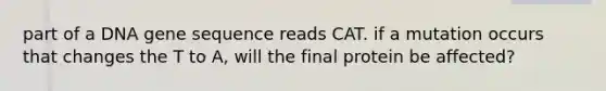 part of a DNA gene sequence reads CAT. if a mutation occurs that changes the T to A, will the final protein be affected?