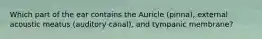 Which part of the ear contains the Auricle (pinna), external acoustic meatus (auditory canal), and tympanic membrane?