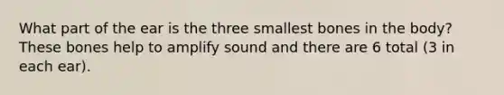 What part of the ear is the three smallest bones in the body? These bones help to amplify sound and there are 6 total (3 in each ear).