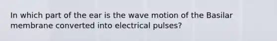 In which part of the ear is the wave motion of the Basilar membrane converted into electrical pulses?