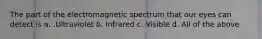 The part of the electromagnetic spectrum that our eyes can detect is a. .Ultraviolet b. Infrared c. Visible d. All of the above