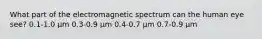 What part of the electromagnetic spectrum can the human eye see? 0.1-1.0 µm 0.3-0.9 µm 0.4-0.7 µm 0.7-0.9 µm