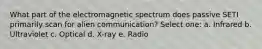 What part of the electromagnetic spectrum does passive SETI primarily scan for alien communication? Select one: a. Infrared b. Ultraviolet c. Optical d. X-ray e. Radio