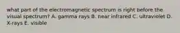 what part of the electromagnetic spectrum is right before the visual spectrum? A. gamma rays B. near infrared C. ultraviolet D. X-rays E. visible