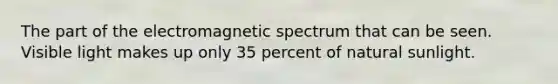 The part of the electromagnetic spectrum that can be seen. Visible light makes up only 35 percent of natural sunlight.