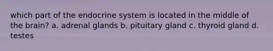 which part of the endocrine system is located in the middle of the brain? a. adrenal glands b. pituitary gland c. thyroid gland d. testes