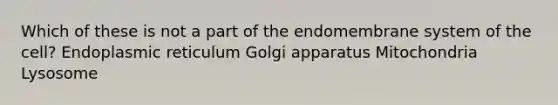 Which of these is not a part of the endomembrane system of the cell? Endoplasmic reticulum Golgi apparatus Mitochondria Lysosome