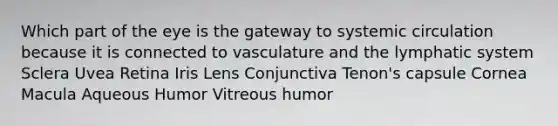 Which part of the eye is the gateway to systemic circulation because it is connected to vasculature and the lymphatic system Sclera Uvea Retina Iris Lens Conjunctiva Tenon's capsule Cornea Macula Aqueous Humor Vitreous humor