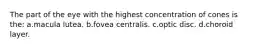 The part of the eye with the highest concentration of cones is the: a.macula lutea. b.fovea centralis. c.optic disc. d.choroid layer.