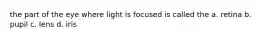 the part of the eye where light is focused is called the a. retina b. pupil c. lens d. iris