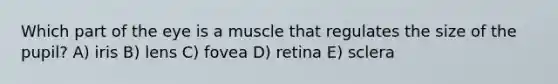 Which part of the eye is a muscle that regulates the size of the pupil? A) iris B) lens C) fovea D) retina E) sclera