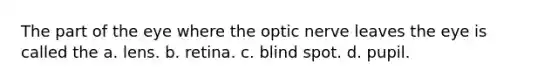 The part of the eye where the optic nerve leaves the eye is called the a. lens. b. retina. c. blind spot. d. pupil.