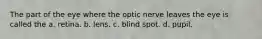 The part of the eye where the optic nerve leaves the eye is called the a. retina. b. lens. c. blind spot. d. pupil.