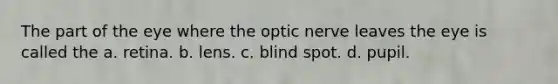 The part of the eye where the optic nerve leaves the eye is called the a. retina. b. lens. c. blind spot. d. pupil.