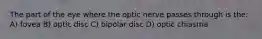 The part of the eye where the optic nerve passes through is the: A) fovea B) optic disc C) bipolar disc D) optic chiasma