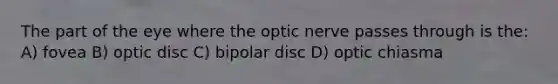 The part of the eye where the optic nerve passes through is the: A) fovea B) optic disc C) bipolar disc D) optic chiasma