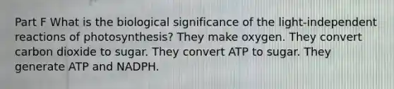 Part F What is the biological significance of the light-independent reactions of photosynthesis? They make oxygen. They convert carbon dioxide to sugar. They convert ATP to sugar. They generate ATP and NADPH.