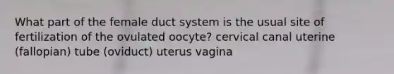 What part of the female duct system is the usual site of fertilization of the ovulated oocyte? cervical canal uterine (fallopian) tube (oviduct) uterus vagina