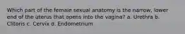 Which part of the female sexual anatomy is the narrow, lower end of the uterus that opens into the vagina? a. Urethra b. Clitoris c. Cervix d. Endometrium