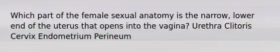 Which part of the female sexual anatomy is the narrow, lower end of the uterus that opens into the vagina? Urethra Clitoris Cervix Endometrium Perineum