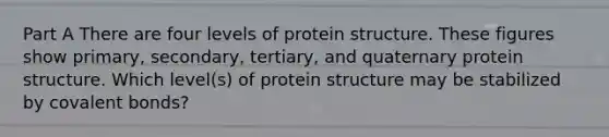 Part A There are four levels of protein structure. These figures show primary, secondary, tertiary, and quaternary protein structure. Which level(s) of protein structure may be stabilized by covalent bonds?