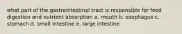 what part of the gastrointestinal tract is responsible for feed digestion and nutrient absorption a. mouth b. esophagus c. stomach d. small intestine e. large intestine