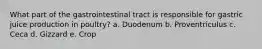 What part of the gastrointestinal tract is responsible for gastric juice production in poultry? a. Duodenum b. Proventriculus c. Ceca d. Gizzard e. Crop