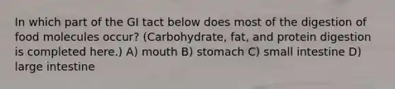 In which part of the GI tact below does most of the digestion of food molecules occur? (Carbohydrate, fat, and protein digestion is completed here.) A) mouth B) stomach C) small intestine D) large intestine