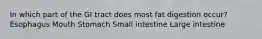 In which part of the GI tract does most fat digestion occur? Esophagus Mouth Stomach Small intestine Large intestine