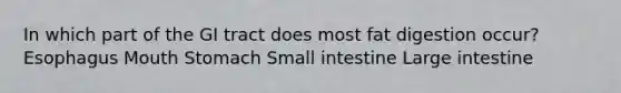 In which part of the GI tract does most fat digestion occur? Esophagus Mouth Stomach Small intestine Large intestine