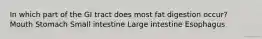 In which part of the GI tract does most fat digestion occur? Mouth Stomach Small intestine Large intestine Esophagus