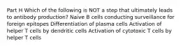 Part H Which of the following is NOT a step that ultimately leads to antibody production? Naive B cells conducting surveillance for foreign epitopes Differentiation of plasma cells Activation of helper T cells by dendritic cells Activation of cytotoxic T cells by helper T cells