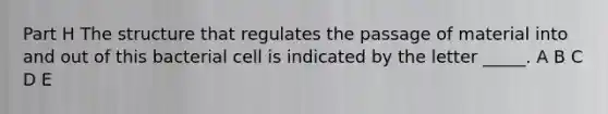 Part H The structure that regulates the passage of material into and out of this bacterial cell is indicated by the letter _____. A B C D E