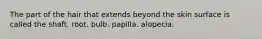 The part of the hair that extends beyond the skin surface is called the shaft. root. bulb. papilla. alopecia.