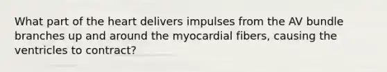 What part of the heart delivers impulses from the AV bundle branches up and around the myocardial fibers, causing the ventricles to contract?