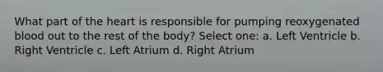 What part of the heart is responsible for pumping reoxygenated blood out to the rest of the body? Select one: a. Left Ventricle b. Right Ventricle c. Left Atrium d. Right Atrium