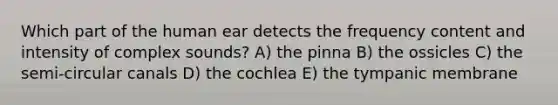 Which part of the human ear detects the frequency content and intensity of complex sounds? A) the pinna B) the ossicles C) the semi-circular canals D) the cochlea E) the tympanic membrane