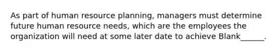 As part of human resource planning, managers must determine future human resource needs, which are the employees the organization will need at some later date to achieve Blank______.