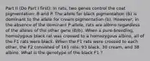 Part II (Do Part I first): In rats, two genes control the coat pigmentation: B and P. The allele for black pigmentation (B) is dominant to the allele for cream pigmentation (b). However, in the absence of the dominant P allele, rats are albino regardless of the alleles of the other gene (B/b). When a pure-breeding, homozygous black rat was crossed to a homozygous albino, all of the F1 rats were black. When the F1 rats were crossed to each other, the F2 consisted of 161 rats: 93 black, 30 cream, and 38 albino. What is the genotype of the black F1 ?