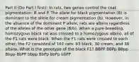 Part II (Do Part I first): In rats, two genes control the coat pigmentation: B and P. The allele for black pigmentation (B) is dominant to the allele for cream pigmentation (b). However, in the absence of the dominant P allele, rats are albino regardless of the alleles of the other gene (B/b). When a pure-breeding, homozygous black rat was crossed to a homozygous albino, all of the F1 rats were black. When the F1 rats were crossed to each other, the F2 consisted of 161 rats: 93 black, 30 cream, and 38 albino. What is the genotype of the black F1? BBPP BBPp BBpp Bbpp BbPP bbpp BbPp bbPp bbPP