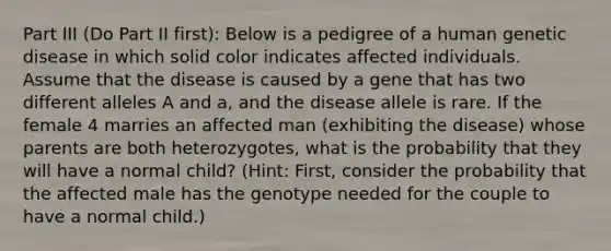 Part III (Do Part II first): Below is a pedigree of a human genetic disease in which solid color indicates affected individuals. Assume that the disease is caused by a gene that has two different alleles A and a, and the disease allele is rare. If the female 4 marries an affected man (exhibiting the disease) whose parents are both heterozygotes, what is the probability that they will have a normal child? (Hint: First, consider the probability that the affected male has the genotype needed for the couple to have a normal child.)