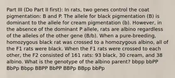 Part III (Do Part II first): In rats, two genes control the coat pigmentation: B and P. The allele for black pigmentation (B) is dominant to the allele for cream pigmentation (b). However, in the absence of the dominant P allele, rats are albino regardless of the alleles of the other gene (B/b). When a pure-breeding, homozygous black rat was crossed to a homozygous albino, all of the F1 rats were black. When the F1 rats were crossed to each other, the F2 consisted of 161 rats: 93 black, 30 cream, and 38 albino. What is the genotype of the albino parent? bbpp bbPP BbPp Bbpp BBPP BbPP BBPp BBpp bbPp