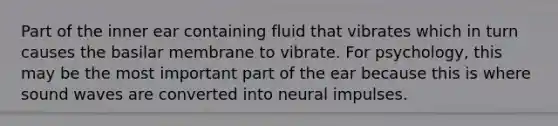 Part of the inner ear containing fluid that vibrates which in turn causes the basilar membrane to vibrate. For psychology, this may be the most important part of the ear because this is where sound waves are converted into neural impulses.