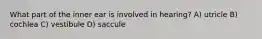 What part of the inner ear is involved in hearing? A) utricle B) cochlea C) vestibule D) saccule