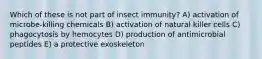 Which of these is not part of insect immunity? A) activation of microbe-killing chemicals B) activation of natural killer cells C) phagocytosis by hemocytes D) production of antimicrobial peptides E) a protective exoskeleton