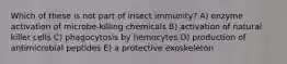 Which of these is not part of insect immunity? A) enzyme activation of microbe-killing chemicals B) activation of natural killer cells C) phagocytosis by hemocytes D) production of antimicrobial peptides E) a protective exoskeleton