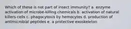 Which of these is not part of insect immunity? a. enzyme activation of microbe-killing chemicals b. activation of natural killers cells c. phagocytosis by hemocytes d. production of antimicrobial peptides e. a protective exoskeleton