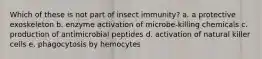 Which of these is not part of insect immunity? a. a protective exoskeleton b. enzyme activation of microbe-killing chemicals c. production of antimicrobial peptides d. activation of natural killer cells e. phagocytosis by hemocytes